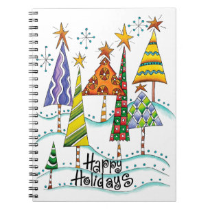 Caderno Espiral Felizes Festas! Árvores de Natal Fofo com Estrelas