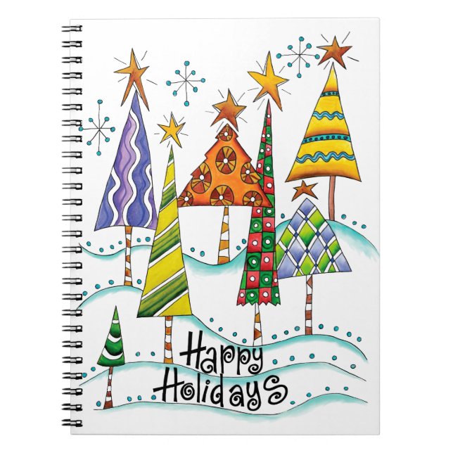 Caderno Espiral Felizes Festas! Árvores de Natal Fofo com Estrelas (Frente)