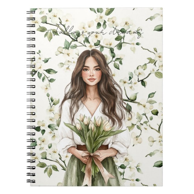 Caderno Espiral Fêmea Cabelo Castanho Flores Brancas Tulipas (Frente)