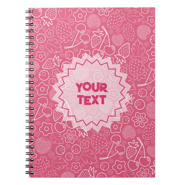 Caderno Espiral Feminino Morango Cereja Rosa Moderno. (Frente)