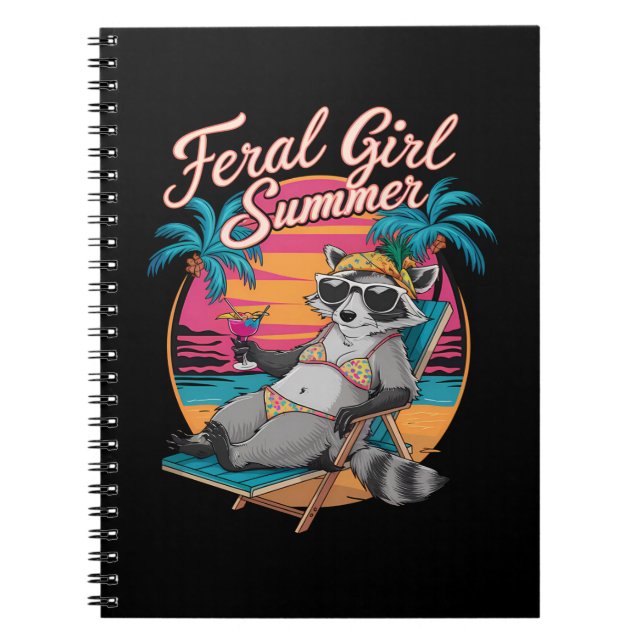 Caderno Espiral Feral Girl Summer Beach Funny Raccoon (Frente)