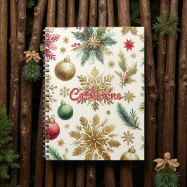 Caderno Espiral Feriado Floral Dourado de Neve Verde Vermelho