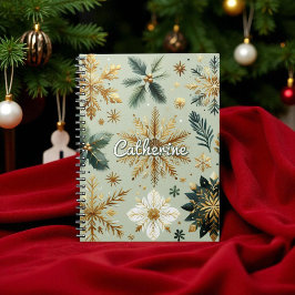 Caderno Espiral Feriado Floral em Floco de Neve Verde Dourado