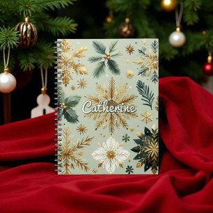 Caderno Espiral Feriado Floral em Floco de Neve Verde Dourado