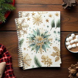 Caderno Espiral Feriado Floral em Floco de Neve Verde Dourado