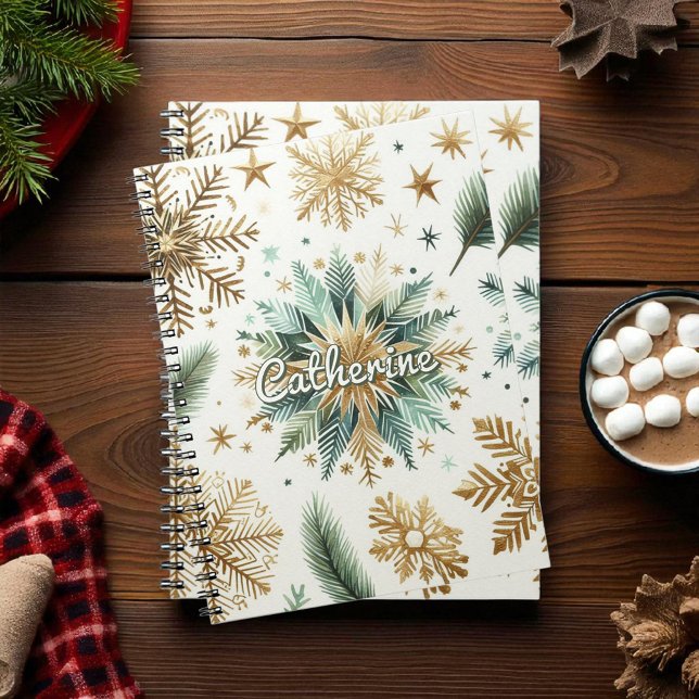 Caderno Espiral Feriado Floral em Floco de Neve Verde Dourado (Criador carregado)