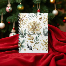Caderno Espiral Feriado Floral em Floco de Neve Verde Dourado