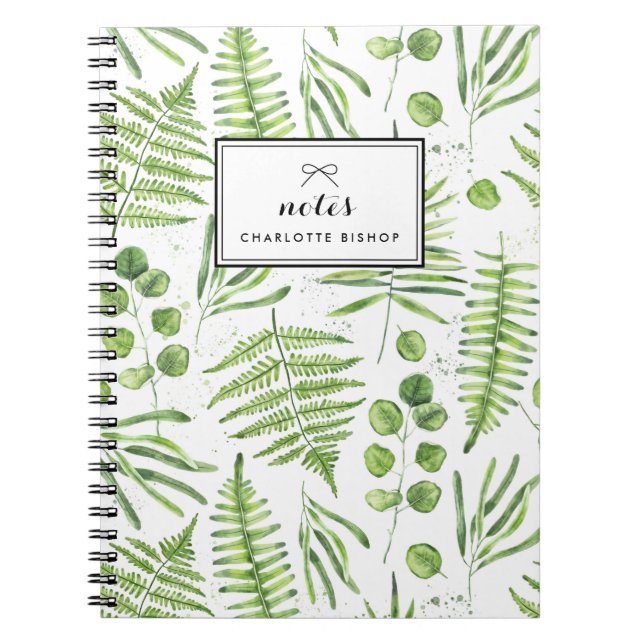 Caderno Espiral Ferns de Aquarela e Padrão de Eucalyptus (Frente)