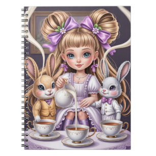 Caderno Espiral Festa de Chá de Boneca Elegante com Coelhinhos Ele