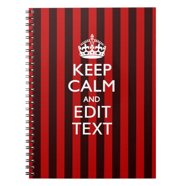 Caderno Espiral Festivo Mantenha Calmo Seu Texto em Stripes Vermel (Frente)