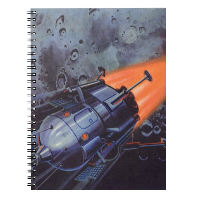 Caderno Espiral Ficção científica retrô, foguete lunar decolando (Frente)