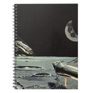 Caderno Espiral Ficção científica retrô, foguetes, lua, planetas