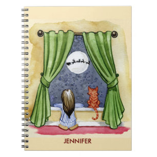 Caderno Espiral Filha e Gatinho de Véspera de Natal Bonito