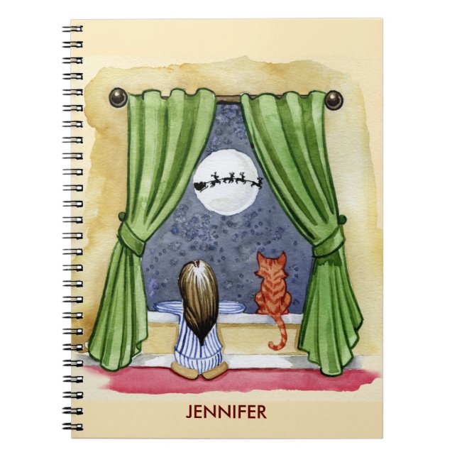 Caderno Espiral Filha e Gatinho de Véspera de Natal Bonito (Frente)