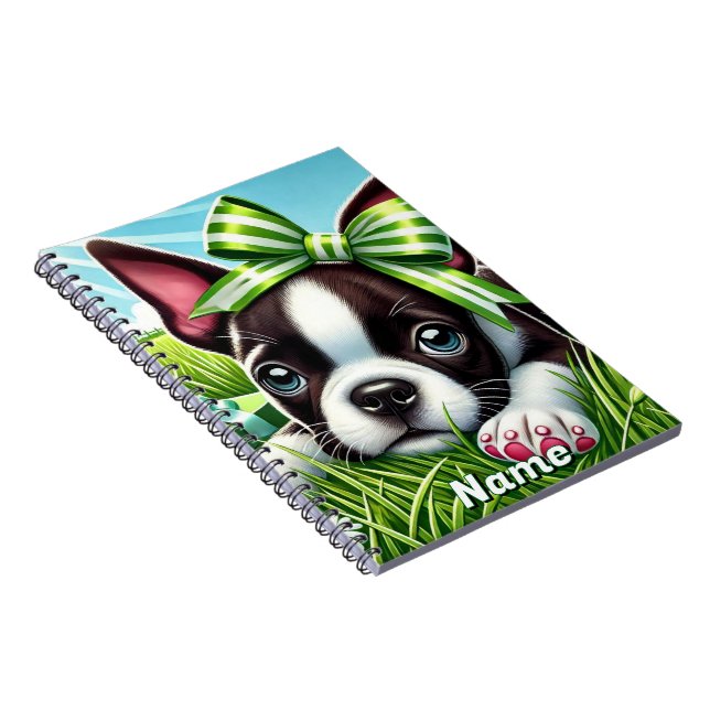 Caderno Espiral Filhote personalizado de Boston Terrier com Laço V (Lado Direito)