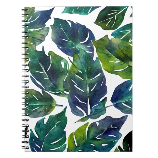 Caderno Espiral Filodendron Botânico de Folhagem Verde e Azul (Frente)