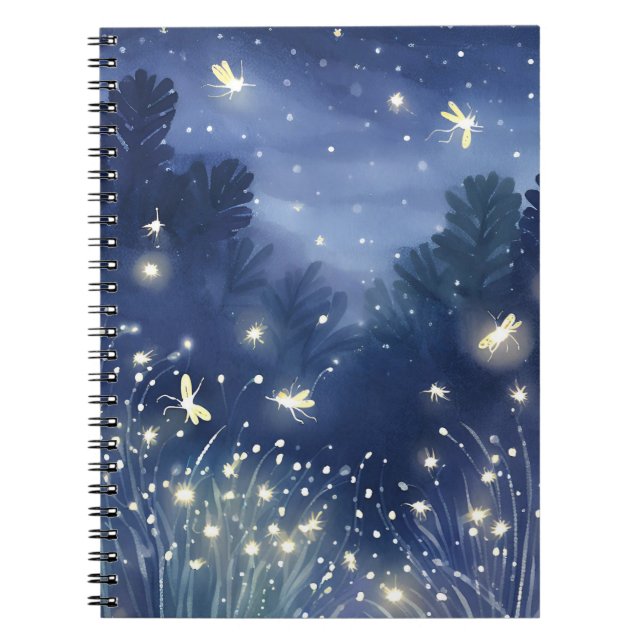 Caderno Espiral Fireflies at Night | Firefly Blue Watercolor (Frente)