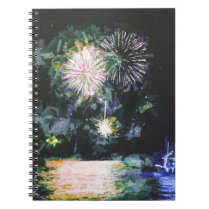 Caderno Espiral Fireworks Boat Artsy Watercolor Ocean