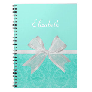 Caderno Espiral Fita branca do damasco feminino de turquesa do