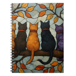 Caderno Espiral Five Cats on a Tree Branch Stained Glass Style