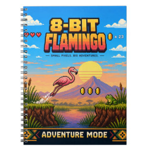 Caderno Espiral Flamingo, Arte Pixel 8-Bit Retro