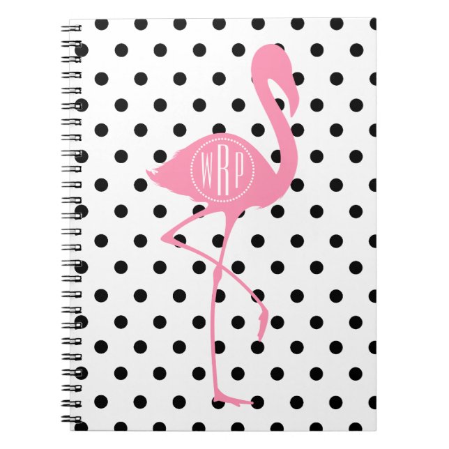 Caderno Espiral Flamingo cor-de-rosa Monogrammed + Bolinhas pretas (Frente)