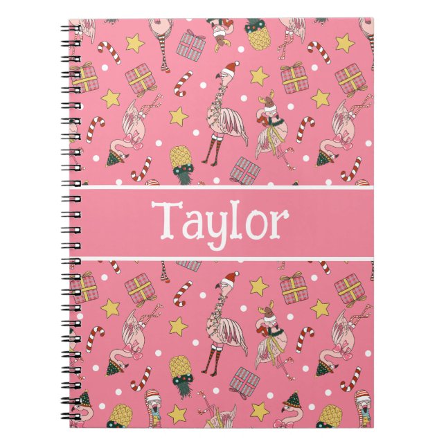 Caderno Espiral Flamingo e Abacaxi, de Natal rosa-claro (Frente)