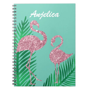 Caderno Espiral Flamingo e Folhas de Palmeira com Brilho Rosa Retr