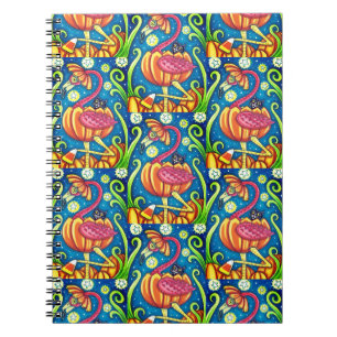 CADERNO ESPIRAL FLAMINGO E GATO NEGRO DE PINCO METADE EM PINCO,