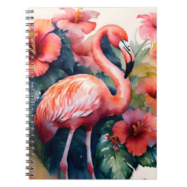 Caderno Espiral Flamingo Hibiscus Watercolor Arte Tropical