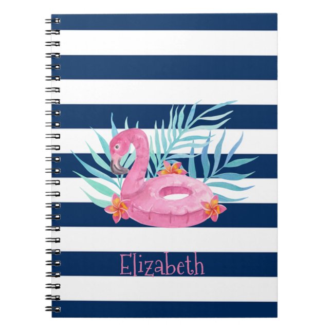 Caderno Espiral Flamingo Piscina Marinho Flutuante Bandas Azuis (Frente)