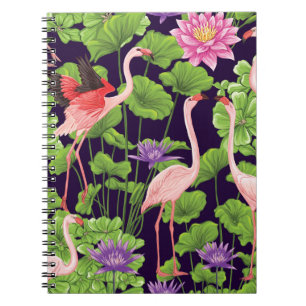 Caderno Espiral Flamingo, plantas tropicais, fundo negro.