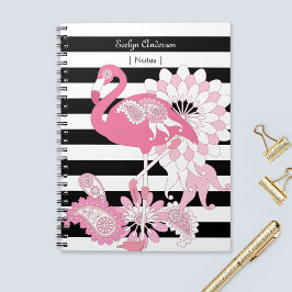 Caderno Espiral Flamingo Rosa Caprichoso Listras Pretas e Brancas