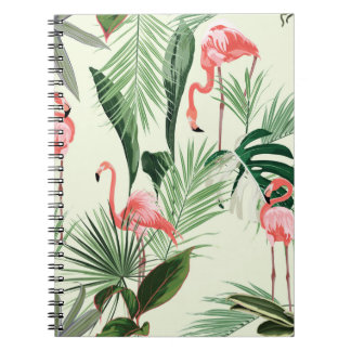 Caderno Espiral Flamingo rosa e flores exóticas, folhas de palma. 