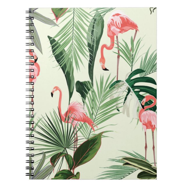 Caderno Espiral Flamingo rosa e flores exóticas, folhas de palma.  (Frente)