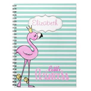 Caderno Espiral Flamingo Rosa Fofo em Listras Brancas Menta