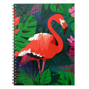 Caderno Espiral Flamingo rosa. Folhas tropicais, borboleta rosa,