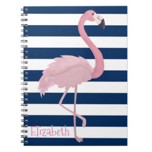 Caderno Espiral Flamingo Rosa, Listras Azul-Marinho-Personalizado