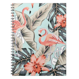 Caderno Espiral Flamingo rosa tropical com flores de orquídeas e