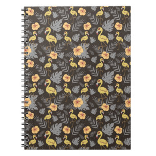 Caderno Espiral Flamingo sem costura, com flores e folhas