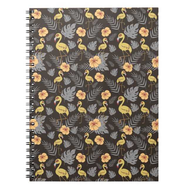 Caderno Espiral Flamingo sem costura, com flores e folhas (Frente)