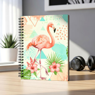 Caderno Espiral Flamingo Tropical Aquarela & Padrão Geométrico