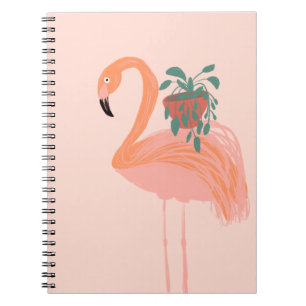 Caderno Espiral Flamingo Tropical com Planta em Vaso Desenhado à M