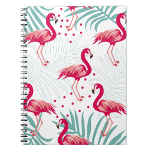 Caderno Espiral Flamingo tropical e folhas, padrão de verão.