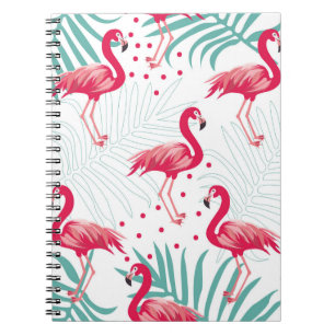 Caderno Espiral Flamingo tropical e folhas, padrão de verão.