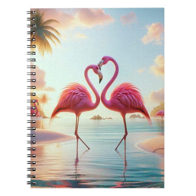 Caderno Espiral Flamingos Apaixonados Praia Tropical (Frente)