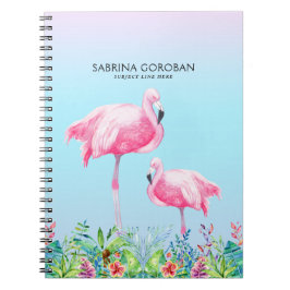 Caderno Espiral Flamingos Brancos e Rosa Com Flores Tropicais