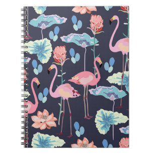 Caderno Espiral flamingos cor-de-rosa cercados por flores de lótus