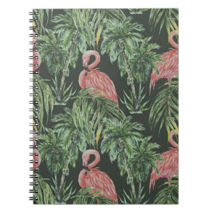 Caderno Espiral flamingos cor-de-rosa, padrão de safra tropical.
