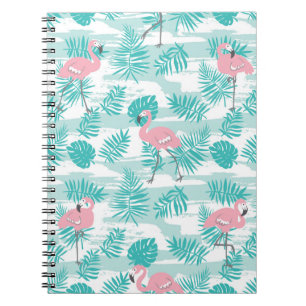 Caderno Espiral flamingos cor-de-rosa, palmeiras verdes, tropicais